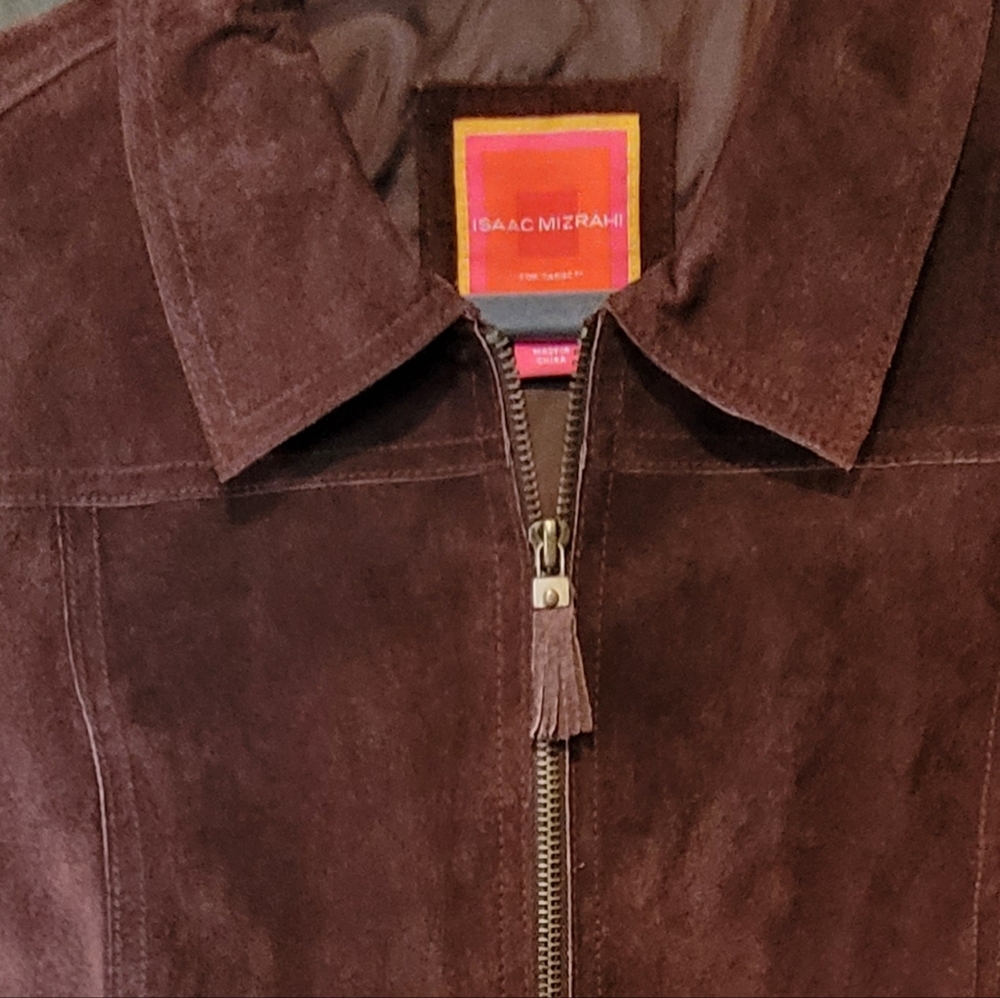 Isaac Mizrahi Dark Brown Suede Leather Cropped Jacket Sz M - Picture 3 of 7